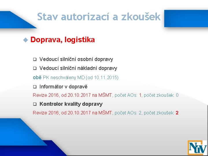 Stav autorizací a zkoušek Doprava, logistika q Vedoucí silniční osobní dopravy q Vedoucí silniční