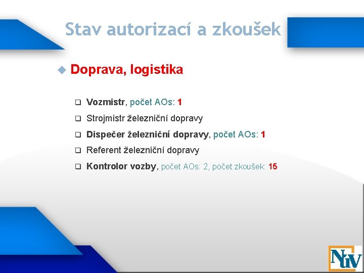 Stav autorizací a zkoušek Doprava, logistika q Vozmistr, počet AOs: 1 q Strojmistr železniční