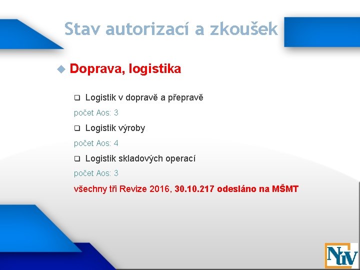 Stav autorizací a zkoušek Doprava, q logistika Logistik v dopravě a přepravě počet Aos: