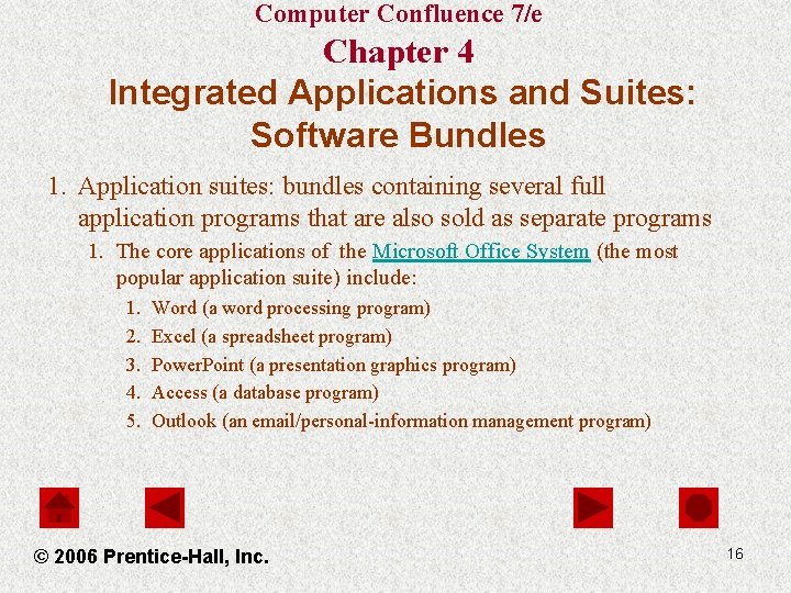 Computer Confluence 7/e Chapter 4 Integrated Applications and Suites: Software Bundles 1. Application suites: