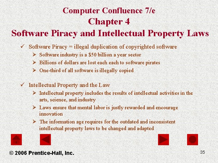 Computer Confluence 7/e Chapter 4 Software Piracy and Intellectual Property Laws ü Software Piracy