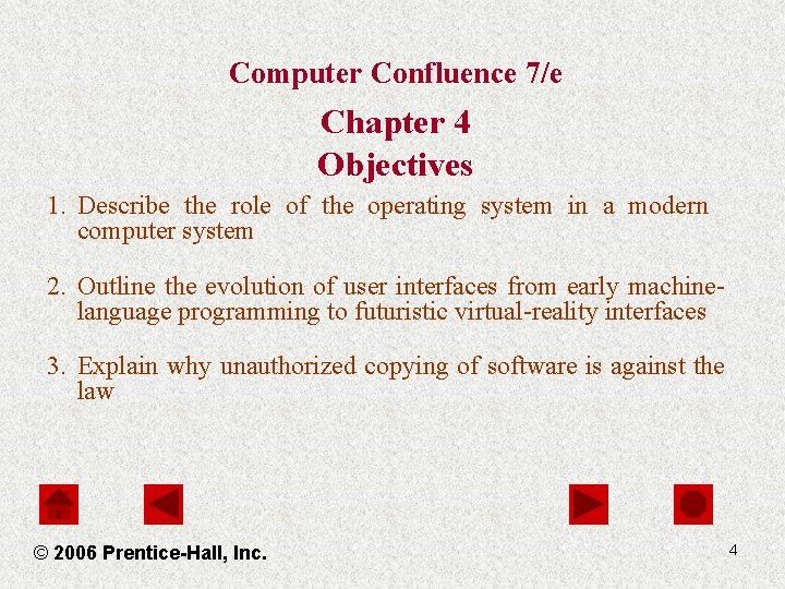 Computer Confluence 7/e Chapter 4 Objectives 1. Describe the role of the operating system