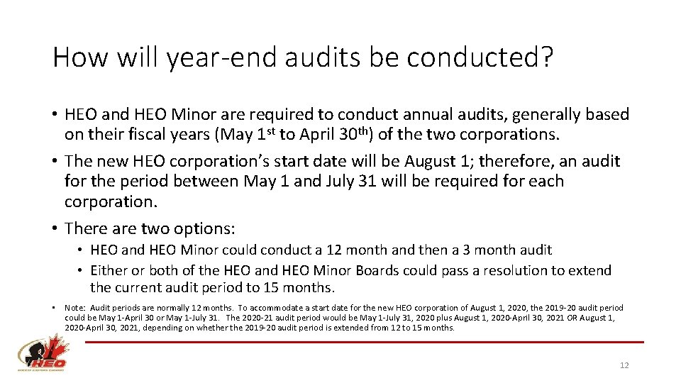 How will year-end audits be conducted? • HEO and HEO Minor are required to