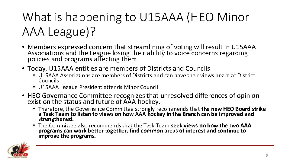 What is happening to U 15 AAA (HEO Minor AAA League)? • Members expressed