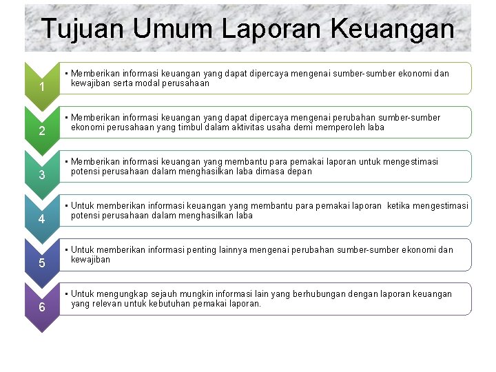 Tujuan Umum Laporan Keuangan 1 2 3 4 5 6 • Memberikan informasi keuangan