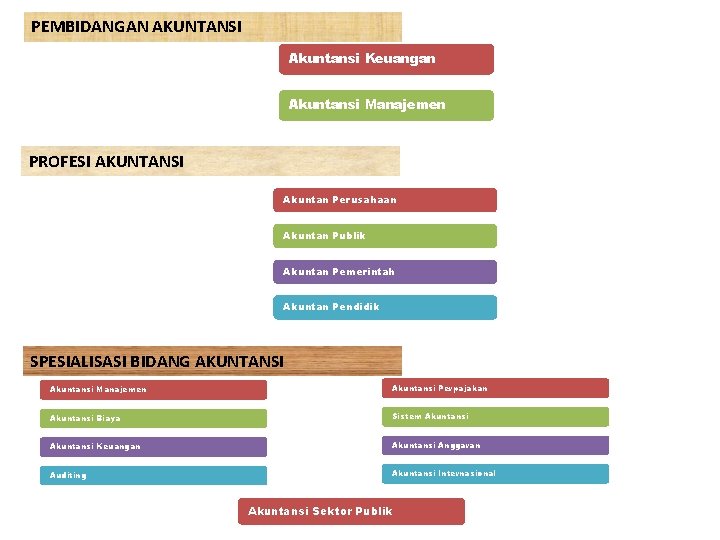 PEMBIDANGAN AKUNTANSI Akuntansi Keuangan Akuntansi Manajemen PROFESI AKUNTANSI Akuntan Perusahaan Akuntan Publik Akuntan Pemerintah