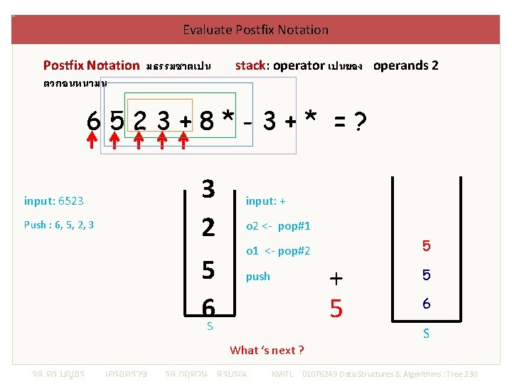 Evaluate Postfix Notation มธรรมชาตเปน ตวกอนหนามน stack: operator เปนของ operands 2 6523+8*-3+* =? 3 2