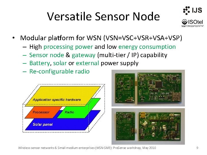 Versatile Sensor Node • Modular platform for WSN (VSN=VSC+VSR+VSA+VSP) – – High processing power
