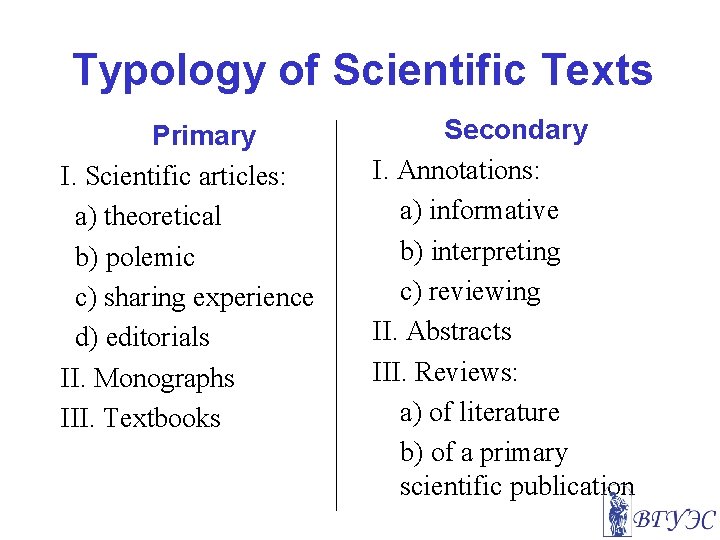 Typology of Scientific Texts Primary I. Scientific articles: a) theoretical b) polemic c) sharing