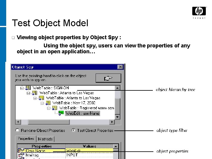Test Object Model q Viewing object properties by Object Spy : Using the object