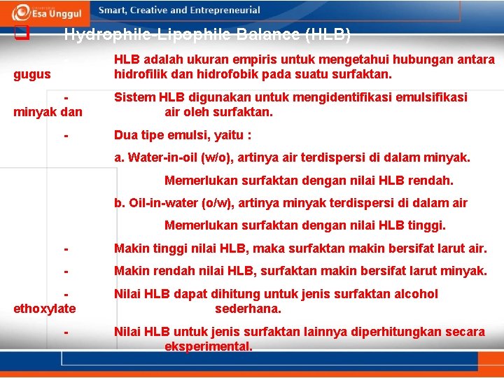 q Hydrophile-Lipophile Balance (HLB) - gugus HLB adalah ukuran empiris untuk mengetahui hubungan antara