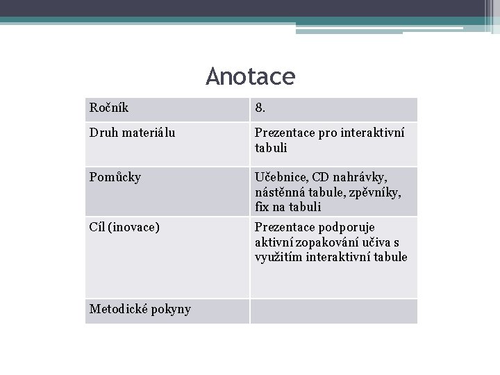 Anotace Ročník 8. Druh materiálu Prezentace pro interaktivní tabuli Pomůcky Učebnice, CD nahrávky, nástěnná Anotace Ročník 8. Druh materiálu Prezentace pro interaktivní tabuli Pomůcky Učebnice, CD nahrávky, nástěnná