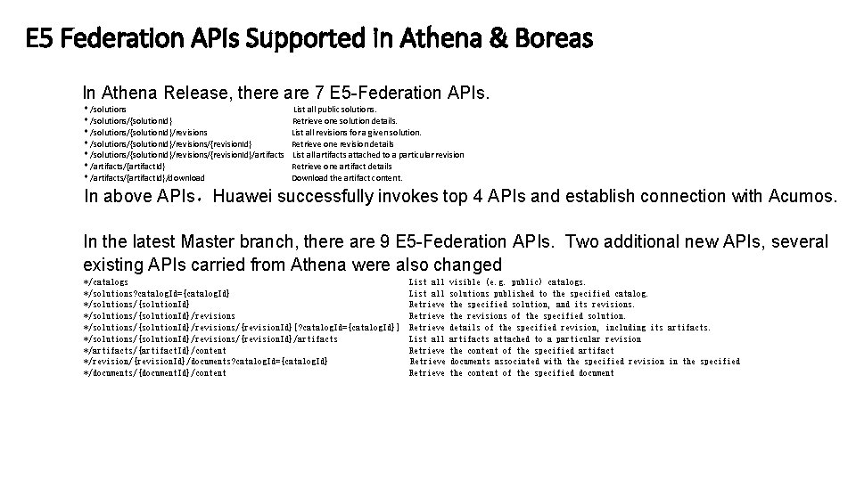 E 5 Federation APIs Supported in Athena & Boreas In Athena Release, there are