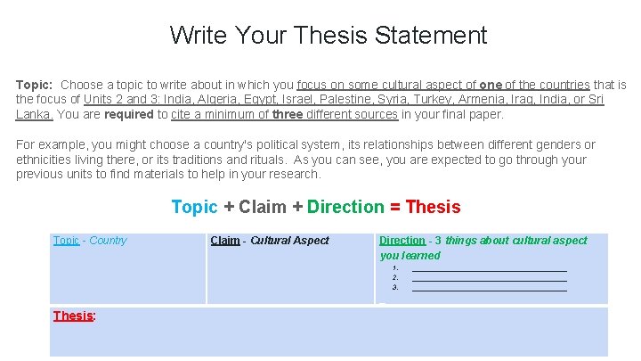 Write Your Thesis Statement Topic: Choose a topic to write about in which you