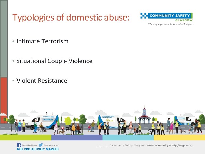 Typologies of domestic abuse: • Intimate Terrorism • Situational Couple Violence • Violent Resistance