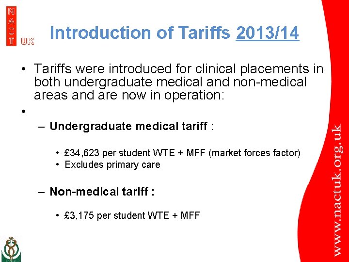 Introduction of Tariffs 2013/14 • Tariffs were introduced for clinical placements in both undergraduate