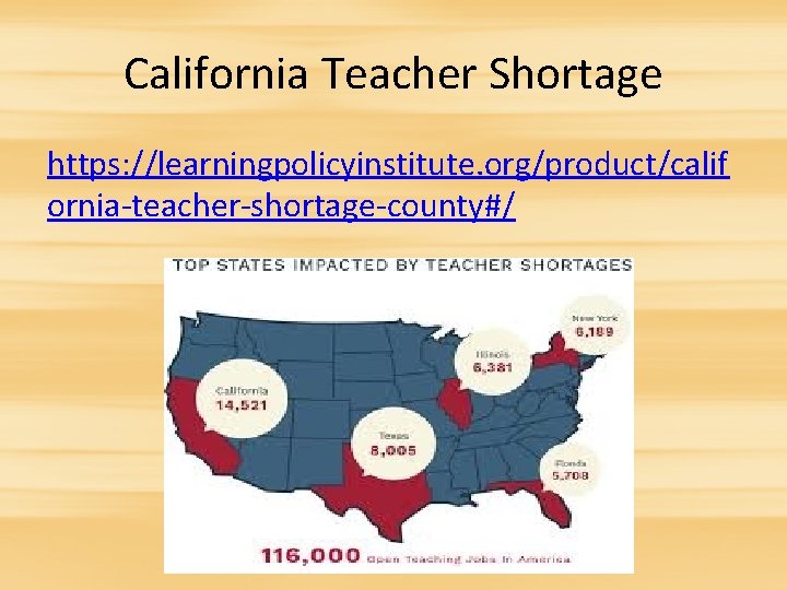 California Teacher Shortage https: //learningpolicyinstitute. org/product/calif ornia-teacher-shortage-county#/ 