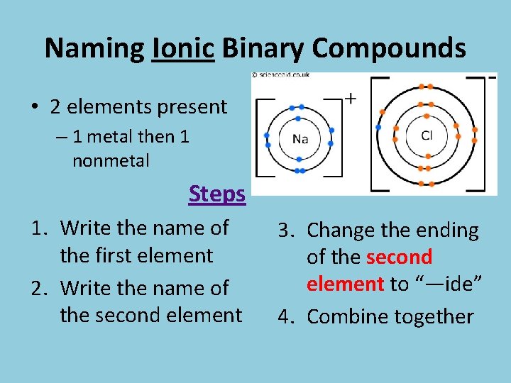 Naming Ionic Binary Compounds • 2 elements present – 1 metal then 1 nonmetal