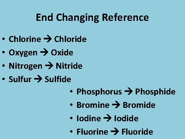 End Changing Reference • • Chlorine Chloride Oxygen Oxide Nitrogen Nitride Sulfur Sulfide •