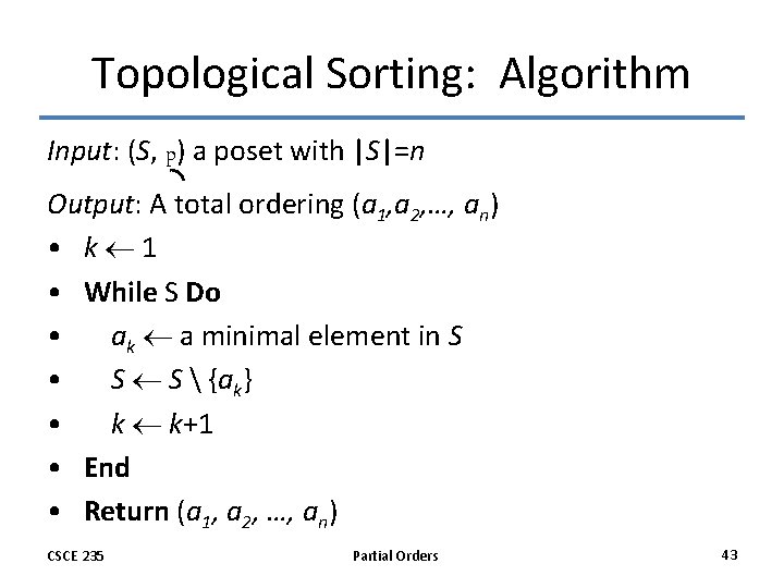Topological Sorting: Algorithm Input: (S, p) a poset with |S|=n Output: A total ordering