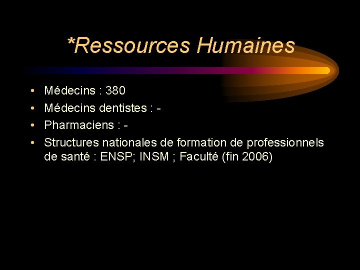 *Ressources Humaines • • Médecins : 380 Médecins dentistes : Pharmaciens : Structures nationales