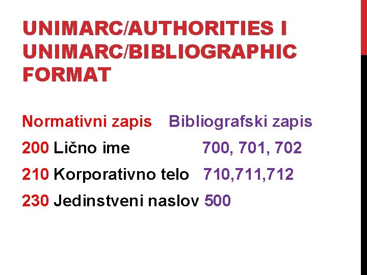 UNIMARC/AUTHORITIES I UNIMARC/BIBLIOGRAPHIC FORMAT Normativni zapis 200 Lično ime Bibliografski zapis 700, 701, 702