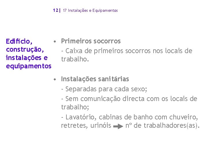 12| 17 Instalações e Equipamentos • Primeiros socorros Edifício, construção, - Caixa de primeiros