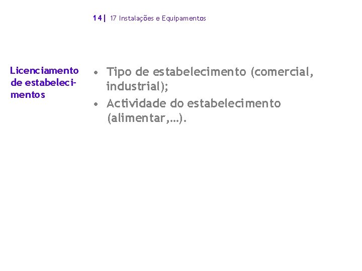 14| 17 Instalações e Equipamentos Licenciamento de estabelecimentos • Tipo de estabelecimento (comercial, industrial);