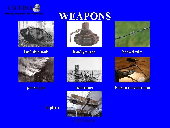 WEAPONS land ship/tank hand grenade barbed wire poison gas submarine Maxim machine gun bi-plane