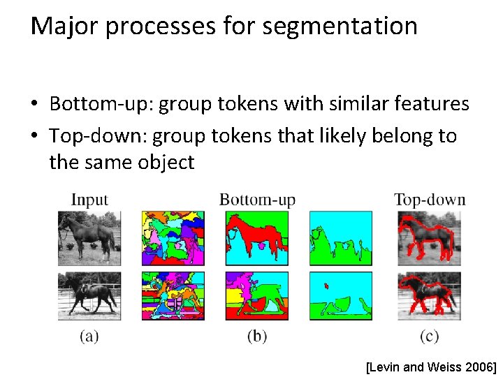 Major processes for segmentation • Bottom-up: group tokens with similar features • Top-down: group