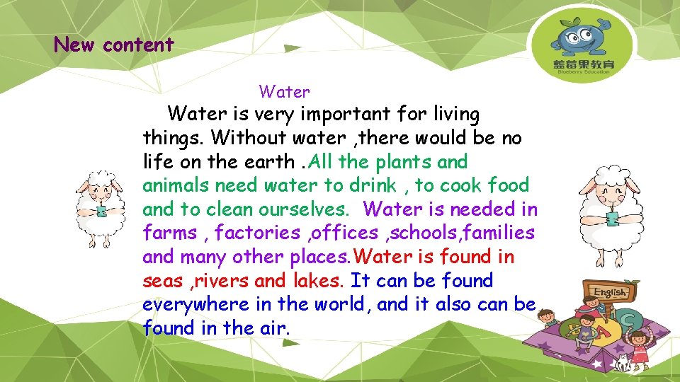 New content Water is very important for living things. Without water , there would