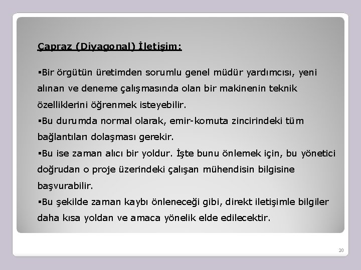 Çapraz (Diyagonal) İletişim: §Bir örgütün üretimden sorumlu genel müdür yardımcısı, yeni alınan ve deneme