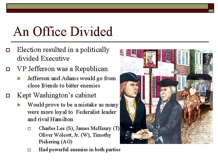 An Office Divided o o Election resulted in a politically divided Executive VP Jefferson
