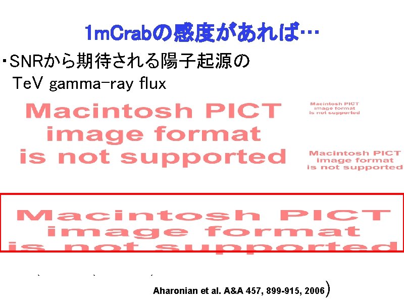 1 m. Crabの感度があれば… ・SNRから期待される陽子起源の Te. V gamma-ray flux (1 Crab(>1 Te. V)=5. 1 x