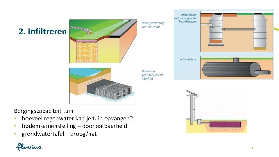 2. Infiltreren Bergingscapaciteit tuin • hoeveel regenwater kan je tuin opvangen? • bodemsamenstelling –