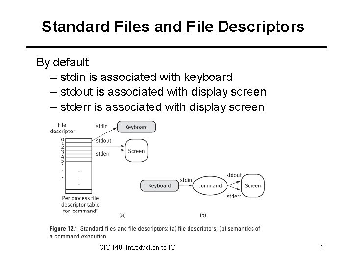 Standard Files and File Descriptors By default – stdin is associated with keyboard –