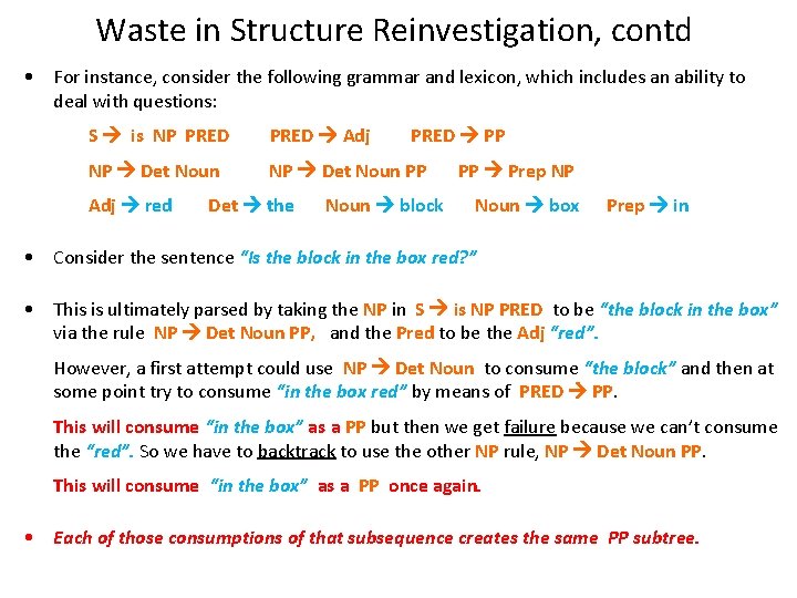 Waste in Structure Reinvestigation, contd • For instance, consider the following grammar and lexicon,