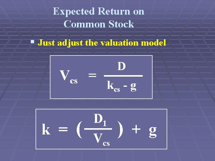 Expected Return on Common Stock § Just adjust the valuation model Vcs = k