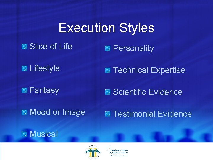Execution Styles Slice of Life Personality Lifestyle Technical Expertise Fantasy Scientific Evidence Mood or