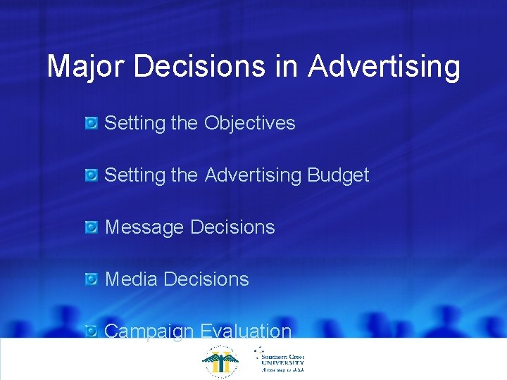 Major Decisions in Advertising Setting the Objectives Setting the Advertising Budget Message Decisions Media