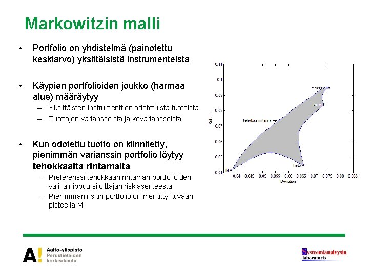 Markowitzin malli • Portfolio on yhdistelmä (painotettu keskiarvo) yksittäisistä instrumenteista • Käypien portfolioiden joukko Markowitzin malli • Portfolio on yhdistelmä (painotettu keskiarvo) yksittäisistä instrumenteista • Käypien portfolioiden joukko