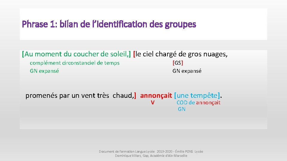 Phrase 1: bilan de l’identification des groupes [Au moment du coucher de soleil, ]