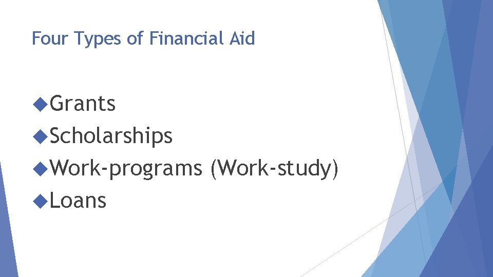 Four Types of Financial Aid Grants Scholarships Work-programs Loans (Work-study) 