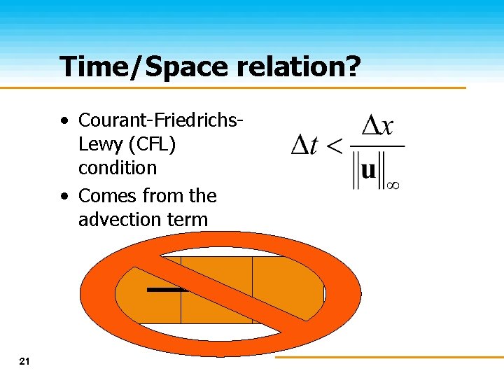 Time/Space relation? • Courant-Friedrichs. Lewy (CFL) condition • Comes from the advection term 21