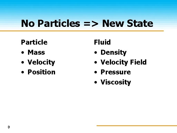 No Particles => New State Particle • Mass • Velocity • Position 3 Fluid