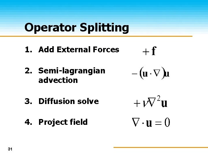 Operator Splitting 1. Add External Forces 2. Semi-lagrangian advection 3. Diffusion solve 4. Project