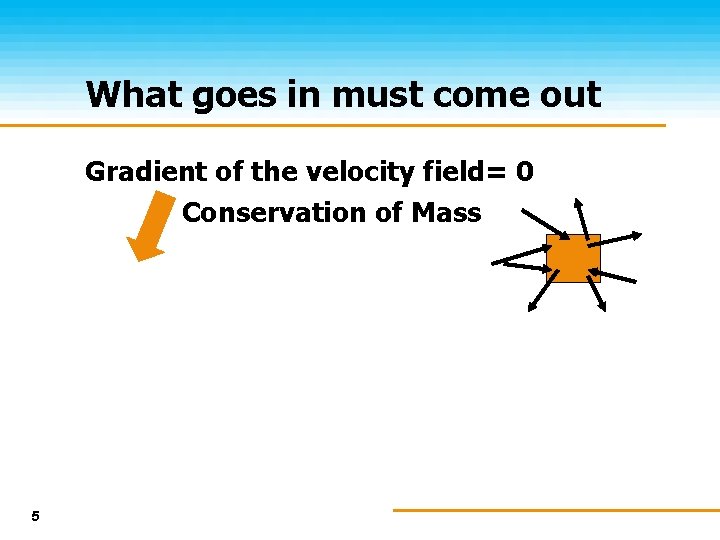 What goes in must come out Gradient of the velocity field= 0 Conservation of