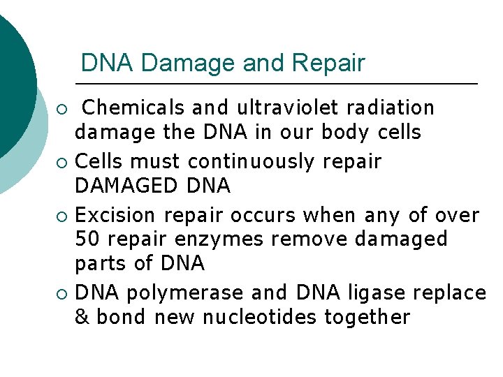 DNA Damage and Repair Chemicals and ultraviolet radiation damage the DNA in our body