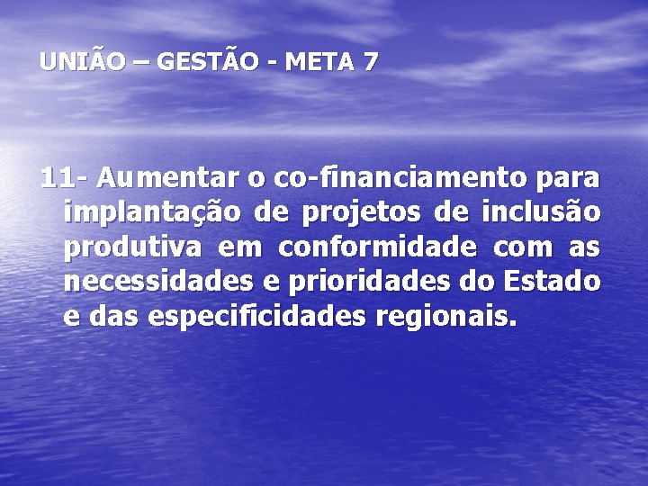 UNIÃO – GESTÃO - META 7 11 - Aumentar o co-financiamento para implantação de