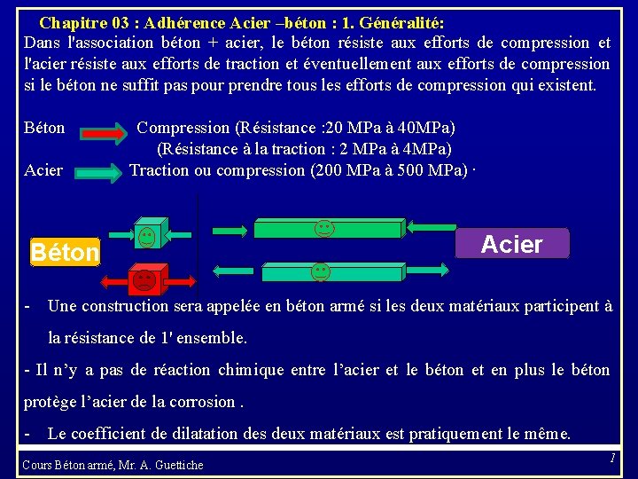 Chapitre 03 : Adhérence Acier –béton : 1. Généralité: Dans l'association béton + acier,